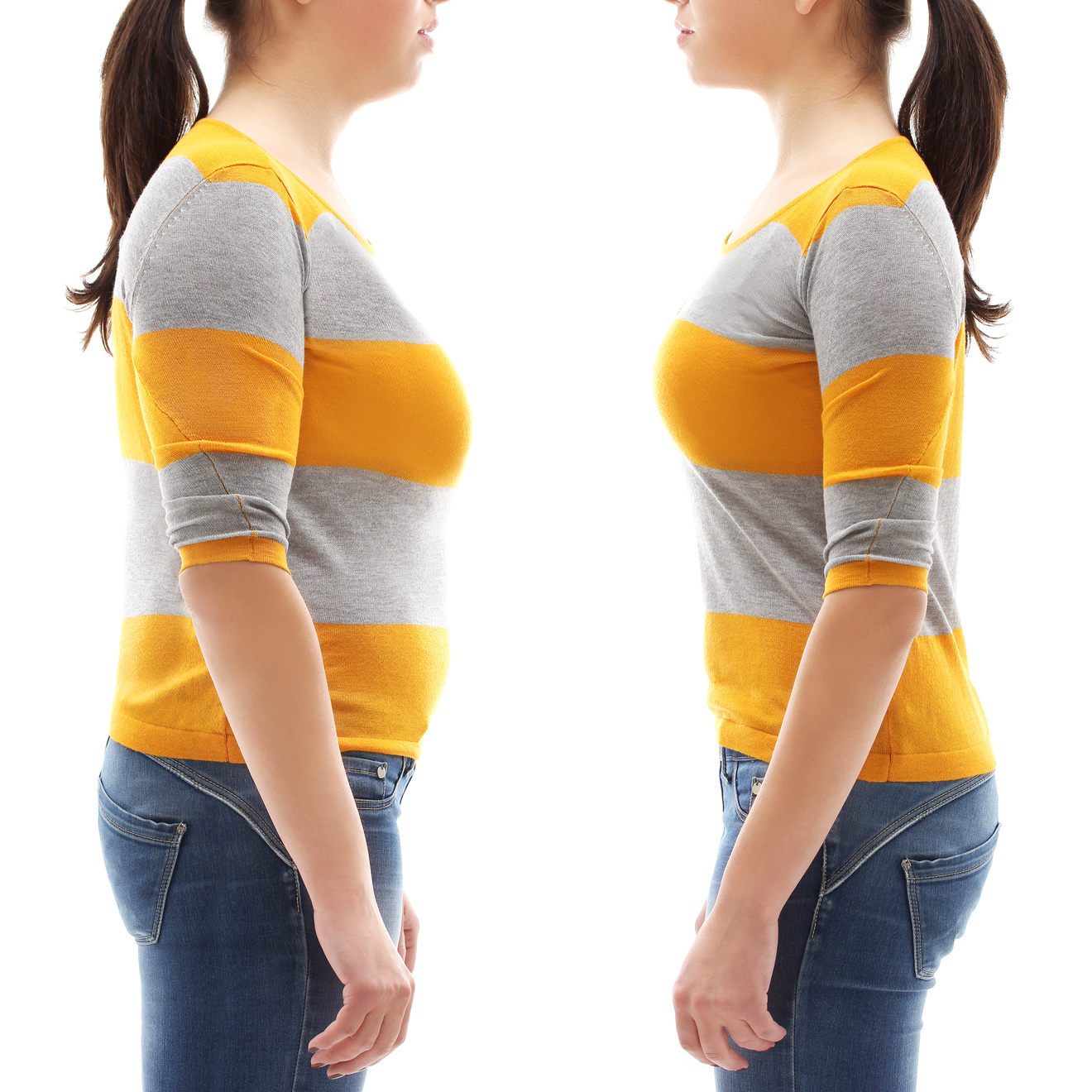 Fat and Thin Women Facing Each Other on White Background